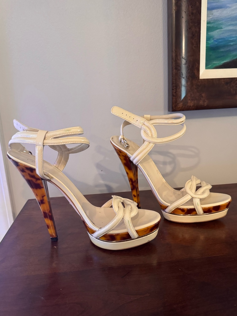Gucci Ivory Ankle-Strap Platform Heels with Tortoiseshell Accent